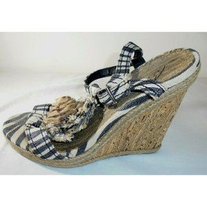 Naughty Monkey Women's 9 Zebra Stripe Canvas Floral Buckle Wedge Sandals Shoes